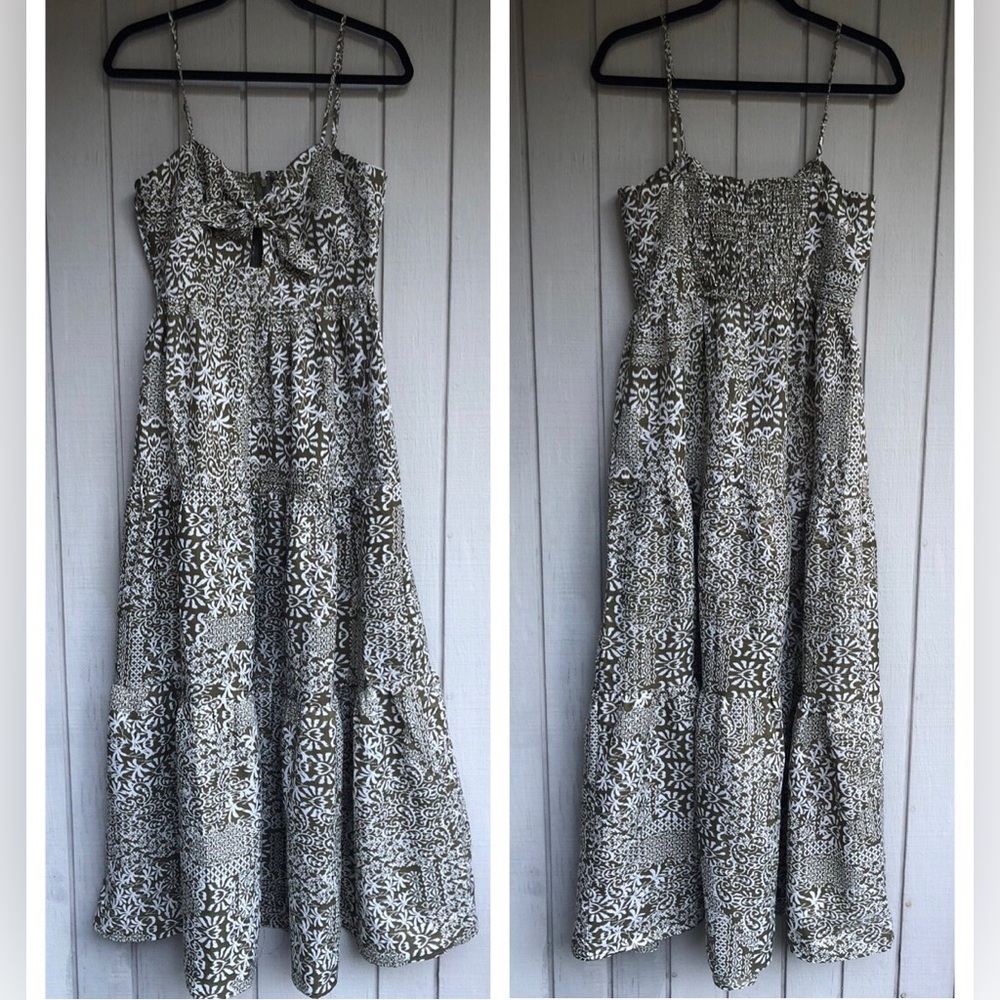 Trixxi Y2K Floral Paisley Prints Cut Out Smocked Back Tiered Olive Maxi Dress L